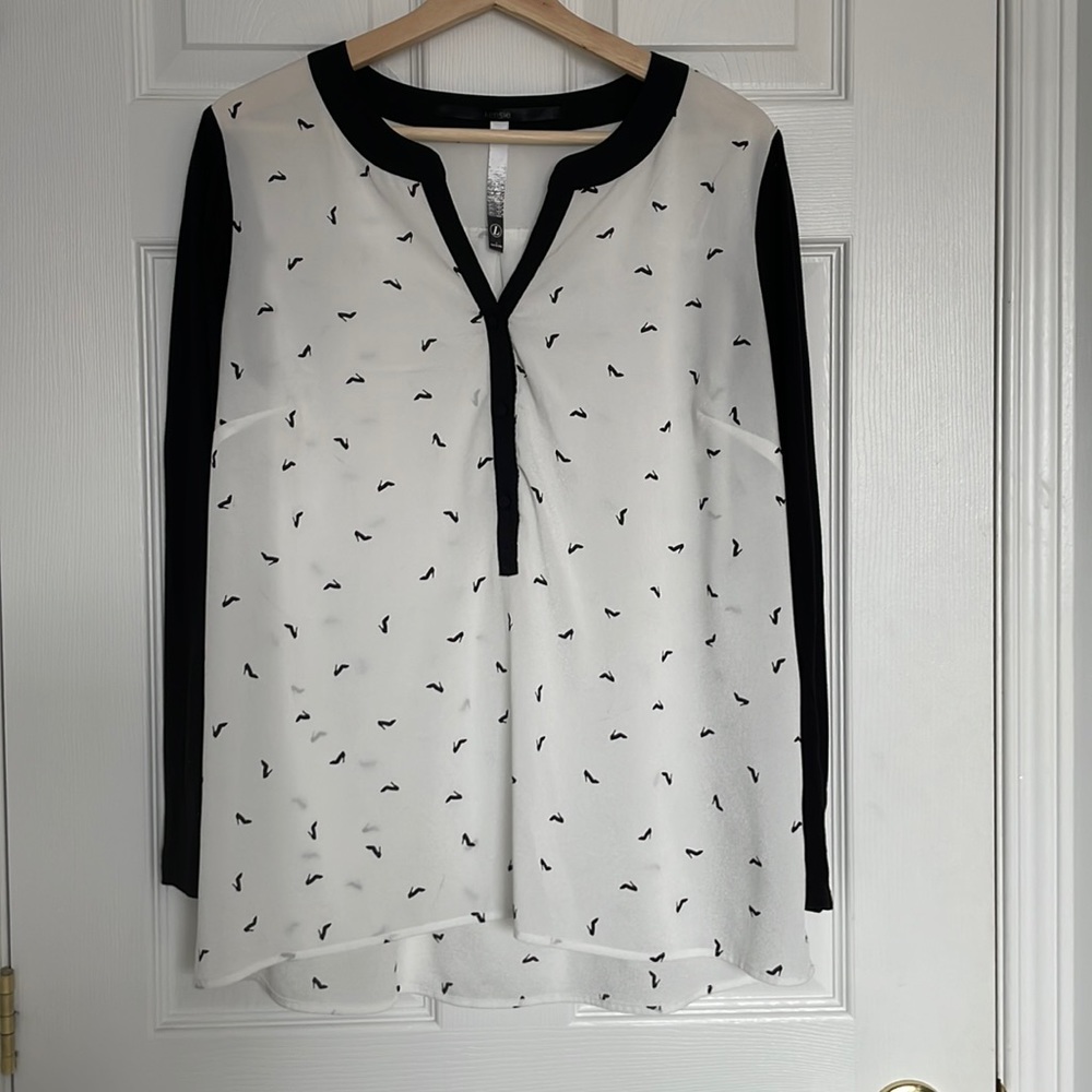 Kensie high heel shoe print semi sheer blouse